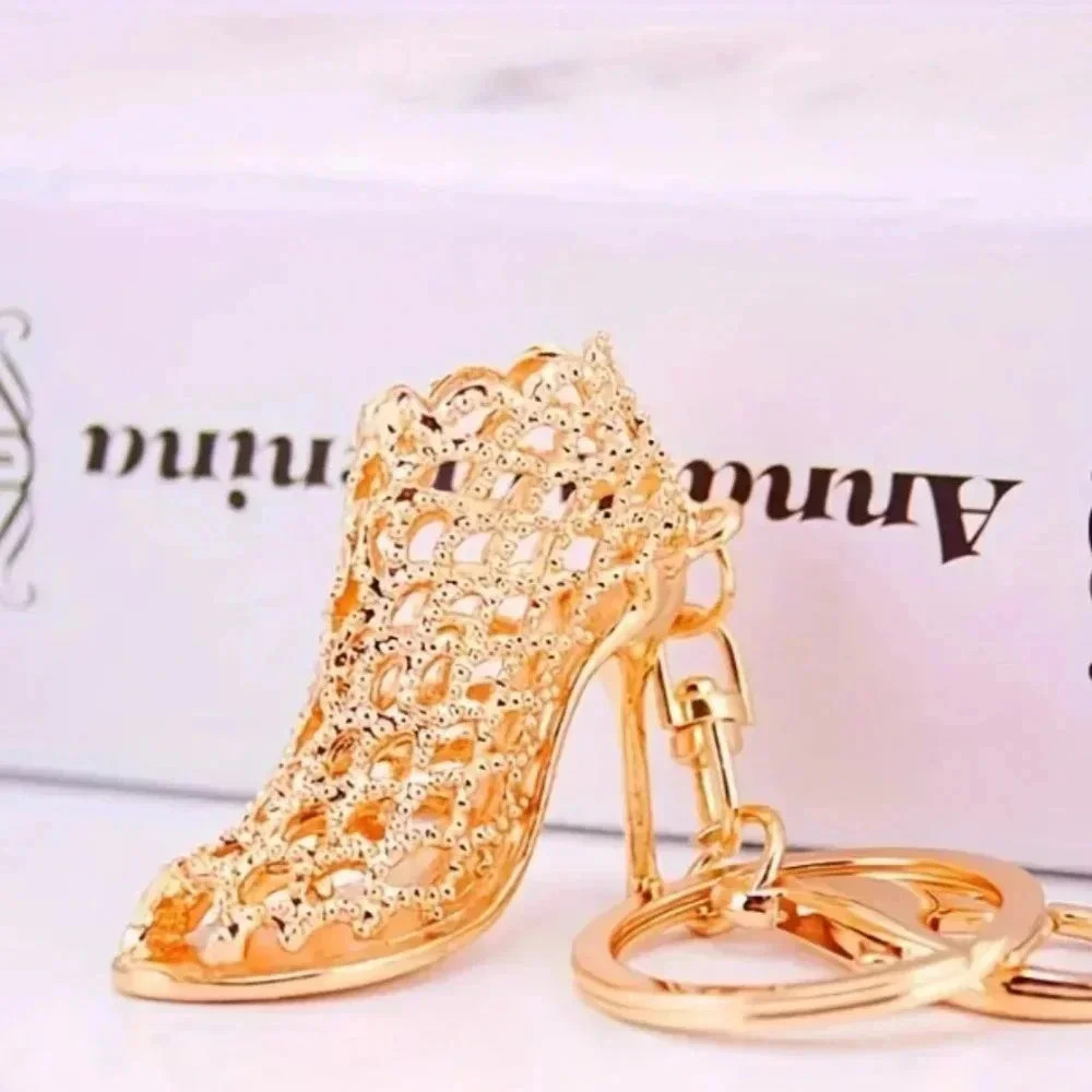 Sparkly Goldtoned Heel Pumps Charm Fashion Keyring Keychain